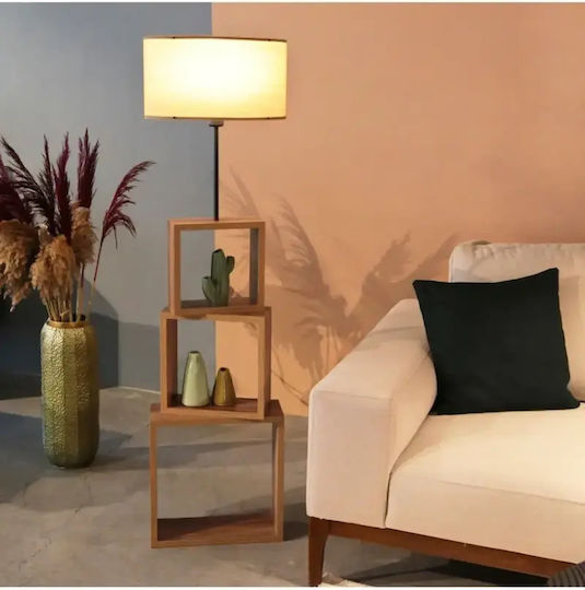 Лампа За Под 3 Рафта MDF Дърво Платен Абажур 140x37см