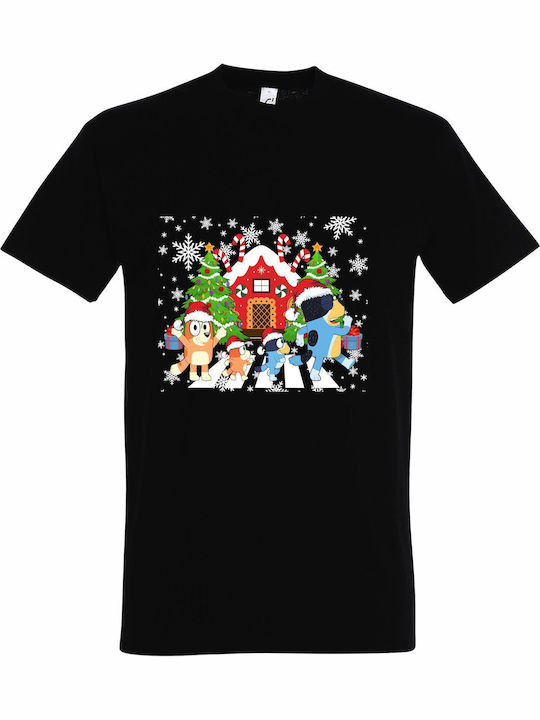 Kids' T-shirt Black Bluey Family Walking Christmas