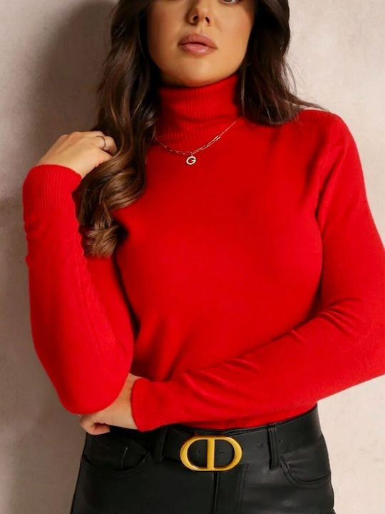 Women's Long Sleeve Sweater Cotton Turtleneck Red