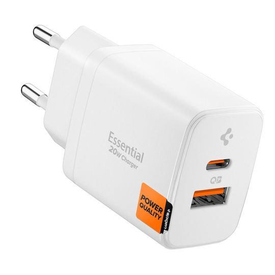 Spigen Φορτιστής Χωρίς Καλώδιο με Θύρα USB-A και Θύρα USB-C 20W Power Delivery Λευκός (Essential)