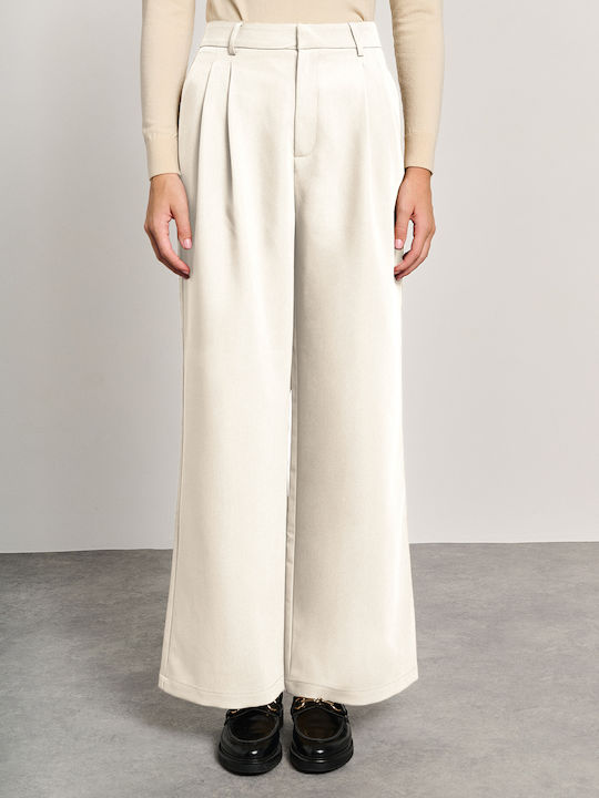 Women's High-waisted Fabric Trousers Loose Fit Sub-white