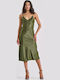 Summer Midi Evening Slip Dress Satin Olive 003434-Olive