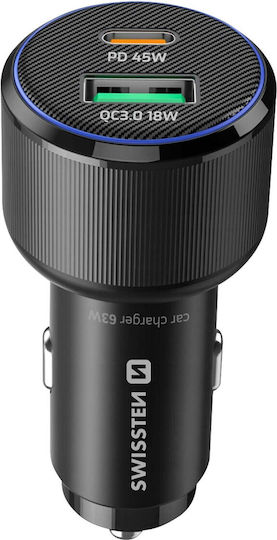 Swissten Car Charger Fast Charging 63W USB-C Power Delivery 45W USB 3.0 18W Black