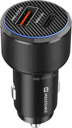 Swissten Car Charger Fast Charging 38W USB-C Power Delivery USB 3.0 Black