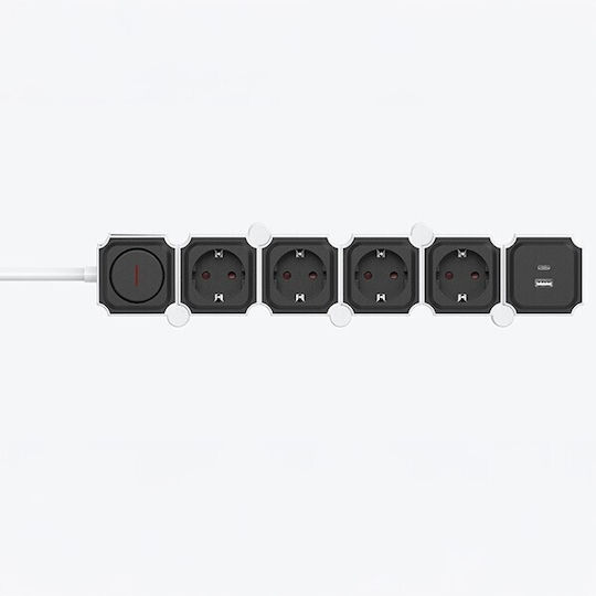 Eurolamp Πολύπριζο 4 Θέσεων με 2 USB-A, Διακόπτη και Καλώδιο 2m