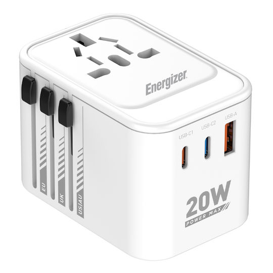 Energizer Wireless Charger with USB-A Port and 2 USB-C Ports 18W White