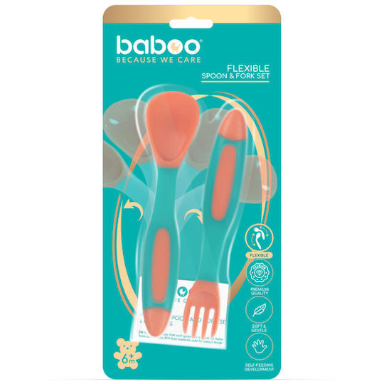 Baboo Set pentru bebeluși cu Furculiță cu Indicator de Temperatură din Silicon pentru 6+ luni Portocaliu 2buc