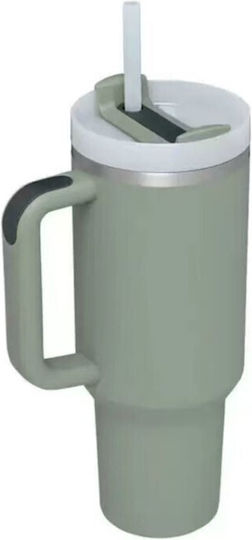 Handled Tumbler Θερμός Ανοξείδωτο / Πλαστικό 1.2lt Πράσινο με Καλαμάκι και Λαβή