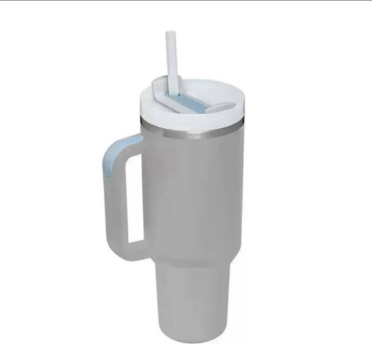 Pahar Cu Mâner Termos Din Oțel Inoxidabil / Plastic 1.2lt Gri Cu Pai Și Mâner