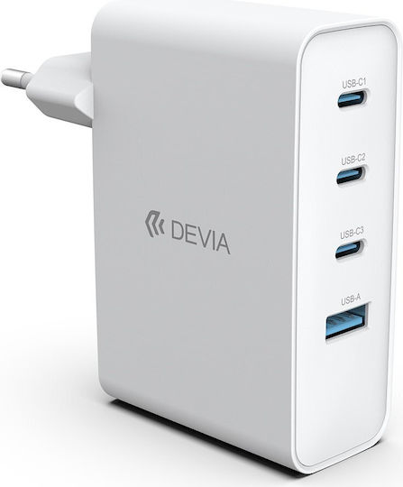 Devia Φορτιστής Χωρίς Καλώδιο GaN με Θύρα USB-A και 3 Θύρες USB-C 100W Power Delivery / Quick Charge 3.0 Λευκός (RCE-10001)