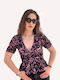 Women's Blouse Short Sleeve with V Neckline Floral Black, Purple
