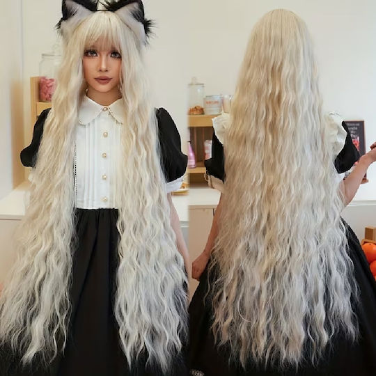 Leichte Blonde Perücke Mit Langen Pony Aus Synthetischer Faser Natürlicher Look 110 Cm