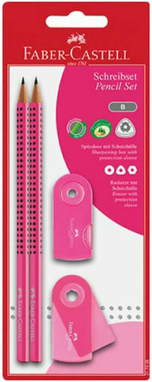 Faber-Castell Grip 2001 Creion B cu Ascuțitoare și Radieră Roz