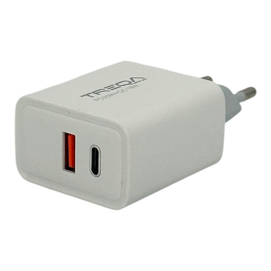 Treqa Ladegerät ohne Kabel mit USB-A Anschluss und USB-C Anschluss 20W Stromlieferung / Schnellaufladung 3.0 Weißs (CH-655)
