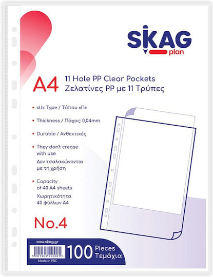 Skag Folii Întărite Pp A4 40mic 11 Găuri No4 100 Bucăți