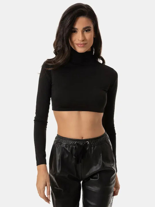 Top Corset Crop Cu Guler Înalt Mânecă Lungă Neg...