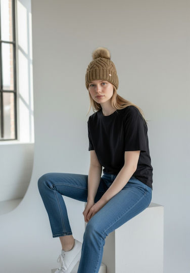 Pom Pom Beanie Frauen Beanie Gestrickt in Braun Farbe