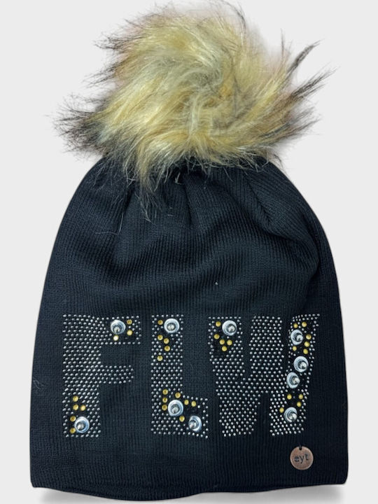 Pom Pom Beanie Beanie Knitted in Black color