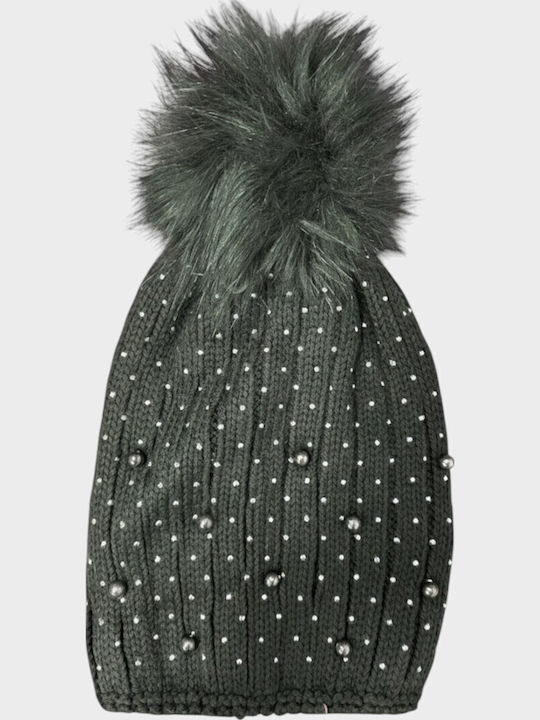 Pom Pom Beanie Beanie Knitted in Khaki color