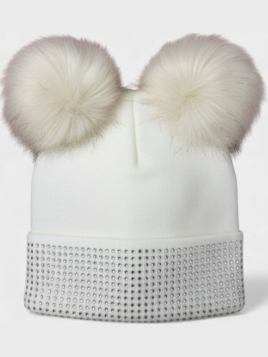 Pom Pom Beanie Beanie Knitted in Ecru color