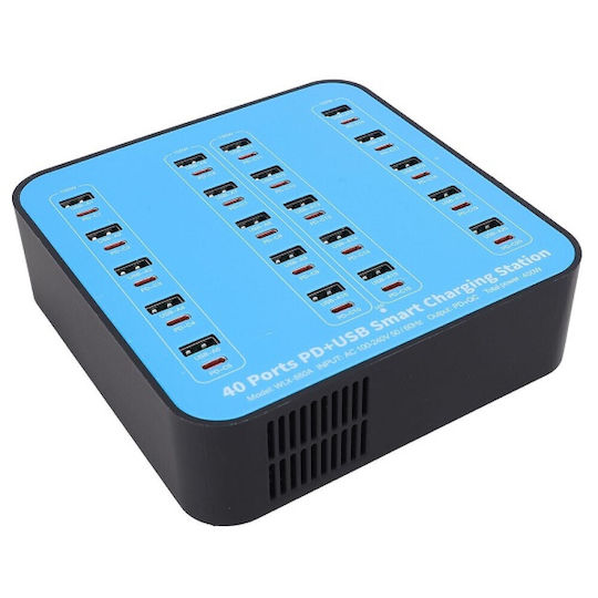 База за Зареждане с 20 USB-A Изходни Порта и 20 USB-C Изходни Порта 400W Power Delivery / Quick Charge 3.0 в Син Цвят (A-075)