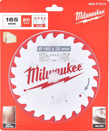 Milwaukee Cutting Disc Wood Hole Diameter 165mm with 24 Teeth 1pcs