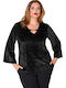 Damen Bluse Samt mit 3/4 Ärmel & V-Ausschnitt Black