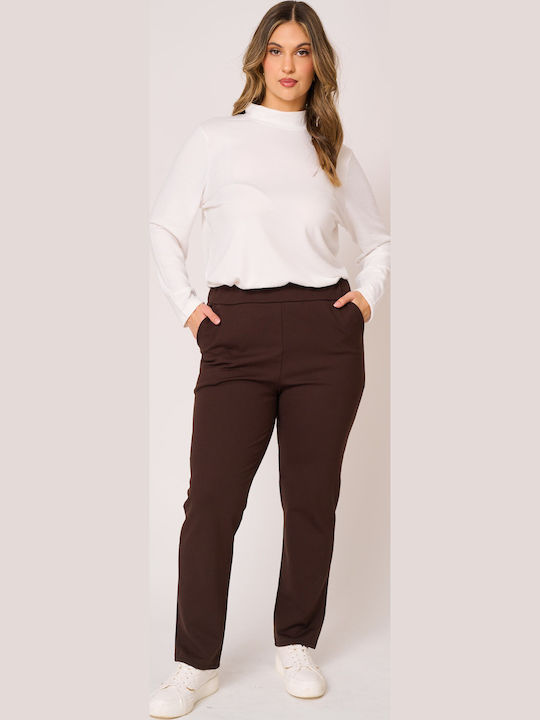 Women's Fabric Capri Trousers with Elastic Brown
