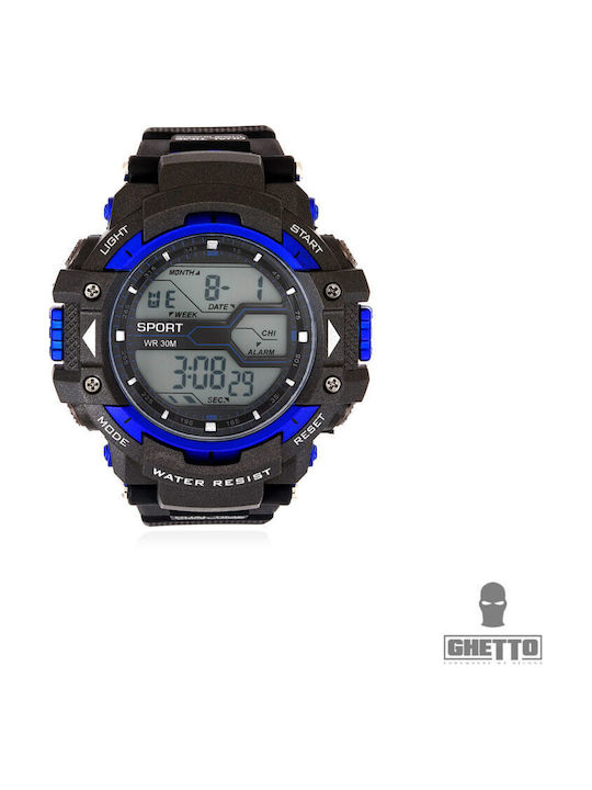Ghetto Digital Men's Watch Battery with Blue Rubber Strap