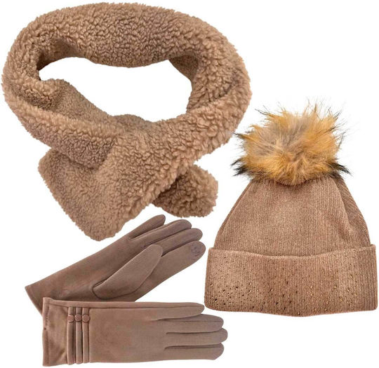 Frauen Set mit Beanie Gestrickt in Beige Farbe