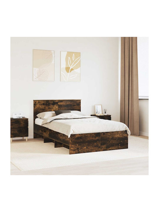 Double Wooden Smoked Oak Bed with Slats for Mat...