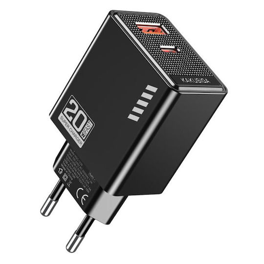 Kakusiga Φορτιστής Χωρίς Καλώδιο με Θύρα USB-A και Θύρα USB-C 20W Μαύρος (KSC-1239)
