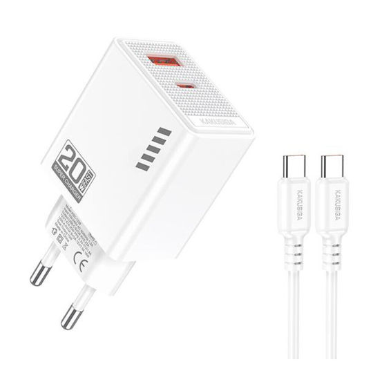 Kakusiga Ladegerät mit USB-A Anschluss und USB-C Anschluss und Kabel USB-C - USB-C 20W Weißs (KSC-1240)