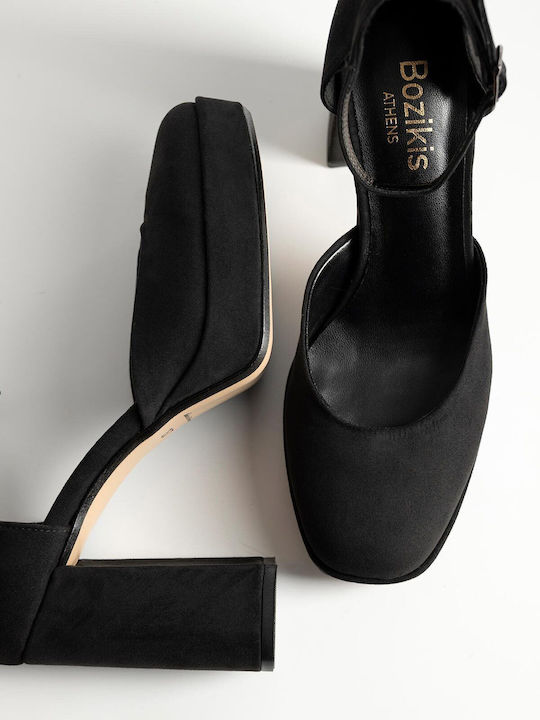 Suede Γόβες με Λουράκι & Χοντρό Ψηλό Τακούνι Μαύρες