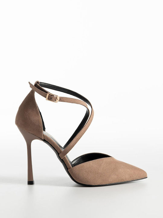 Wildleder Pumps mit Stiletto Absatz & Riemchen Braun X26-069-0985 S-Pouro