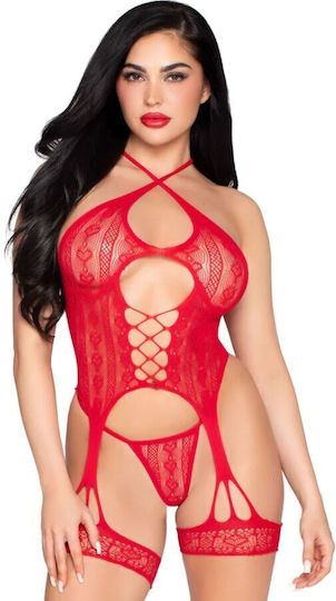 Leg Avenue 89338 Дантелен Отворен Боди Жартиерен Колан + Бикини Червен Универсален Размер