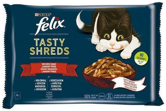 Purina Tasty Shreds Nassfutter für Erwachsene Katzen in Beutel mit Huhn 4x80gr