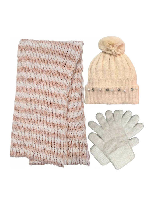 Set with Beanie Knitted in Beige color