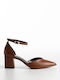 Synthetic Leather Pointed Toe Brown Medium Heels with Strap