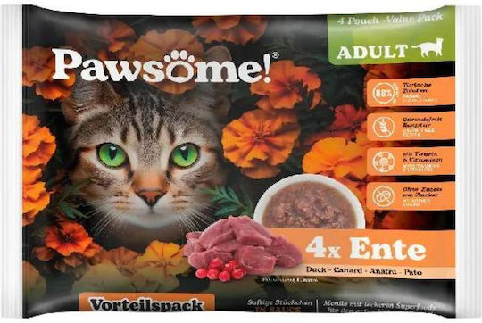 Pawsome Υγρή Τροφή για Ενήλικες Γάτες σε Φακελάκι με Πάπια και Κρέας χωρίς Σιτηρά 4x85gr