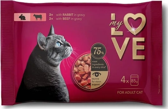 My Love Nassfutter für Erwachsene Katzen in Beutel mit Kaninchen, Rindfleisch und Meat 4x85gr
