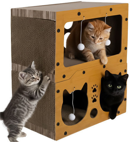 Căsuță 3 În 1 Pentru Pisici Zola 2 Niveluri Zonă De Ascuțit Ghearele 4 Jucării Material HDF Carton Ondulat 51,5 X 45,5 X 28 Cm Maro