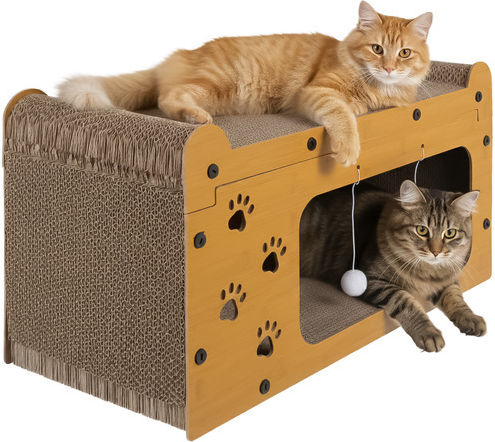 Căsuță 3 În 1 Pentru Pisici Zola Spațiu De Ascuțit Ghearele 2 Jucării Material HDF Carton Ondulat 29,5 X 56 X 27 Cm Maro