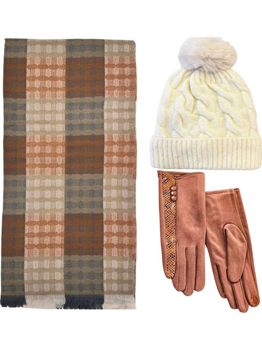 Frauen Set mit Beanie Gestrickt in Braun Farbe