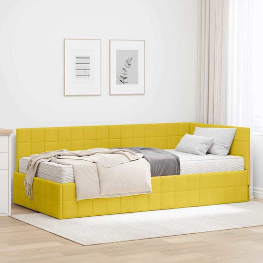 Pat Single Tapițat cu Catifea Galbenă Catifea cu Plăci și Saltea 94x190cm