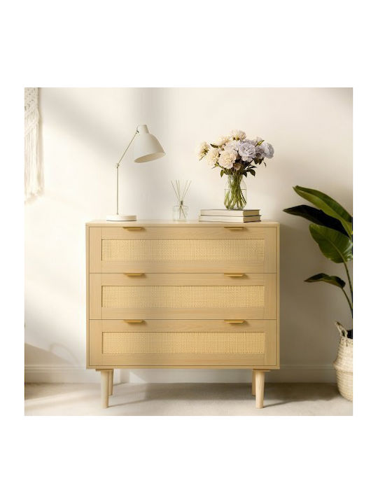 Wooden Chest of Drawers with 3 Drawers Natural Rattan 80x35x77cm