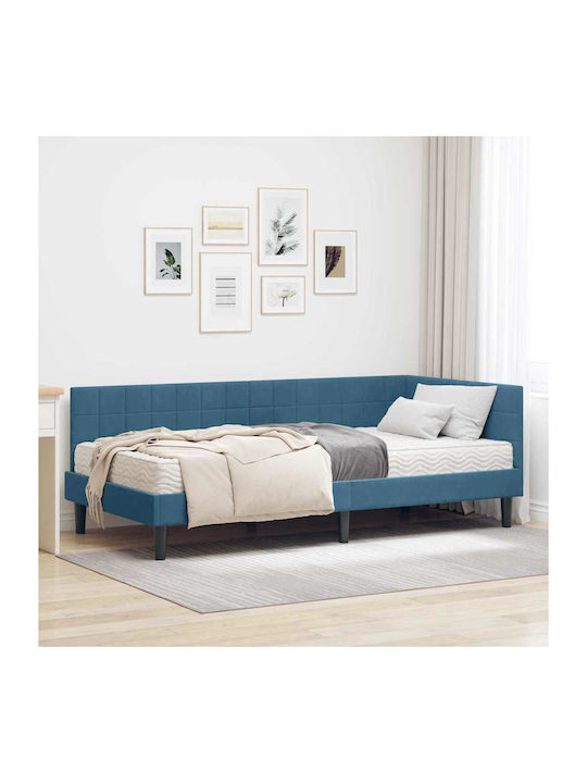 Single Bed Upholstered with Velvet Blue Velvet with Slats and Mattress 90x190cm