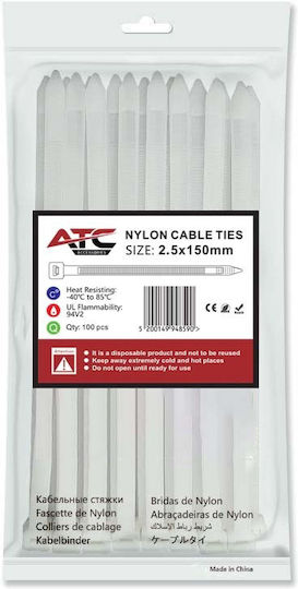 ATC Δεματικά Καλωδίων Πλαστικά 150mmx2.5mm σε Λευκό χρώμα (100τμχ) (20.007.0010)