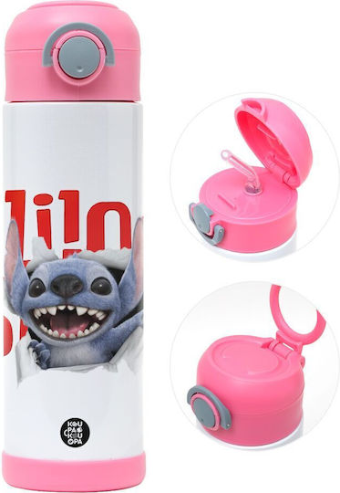 Koupakoupa Stitch Kinder Trinkflasche aus Rostfreiem Stahl mit Stroh Rosa 500ml