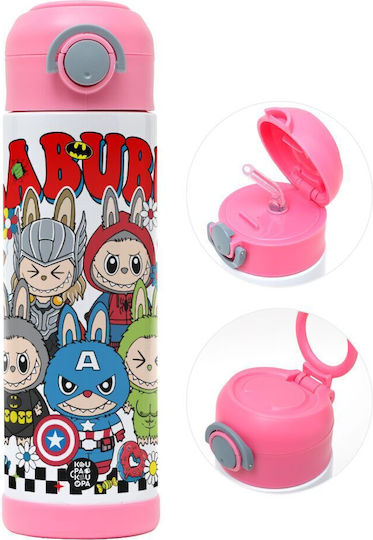 Koupakoupa Labubu Superheroes Kids Water Bottle Stainless Steel with Straw Pink 500ml